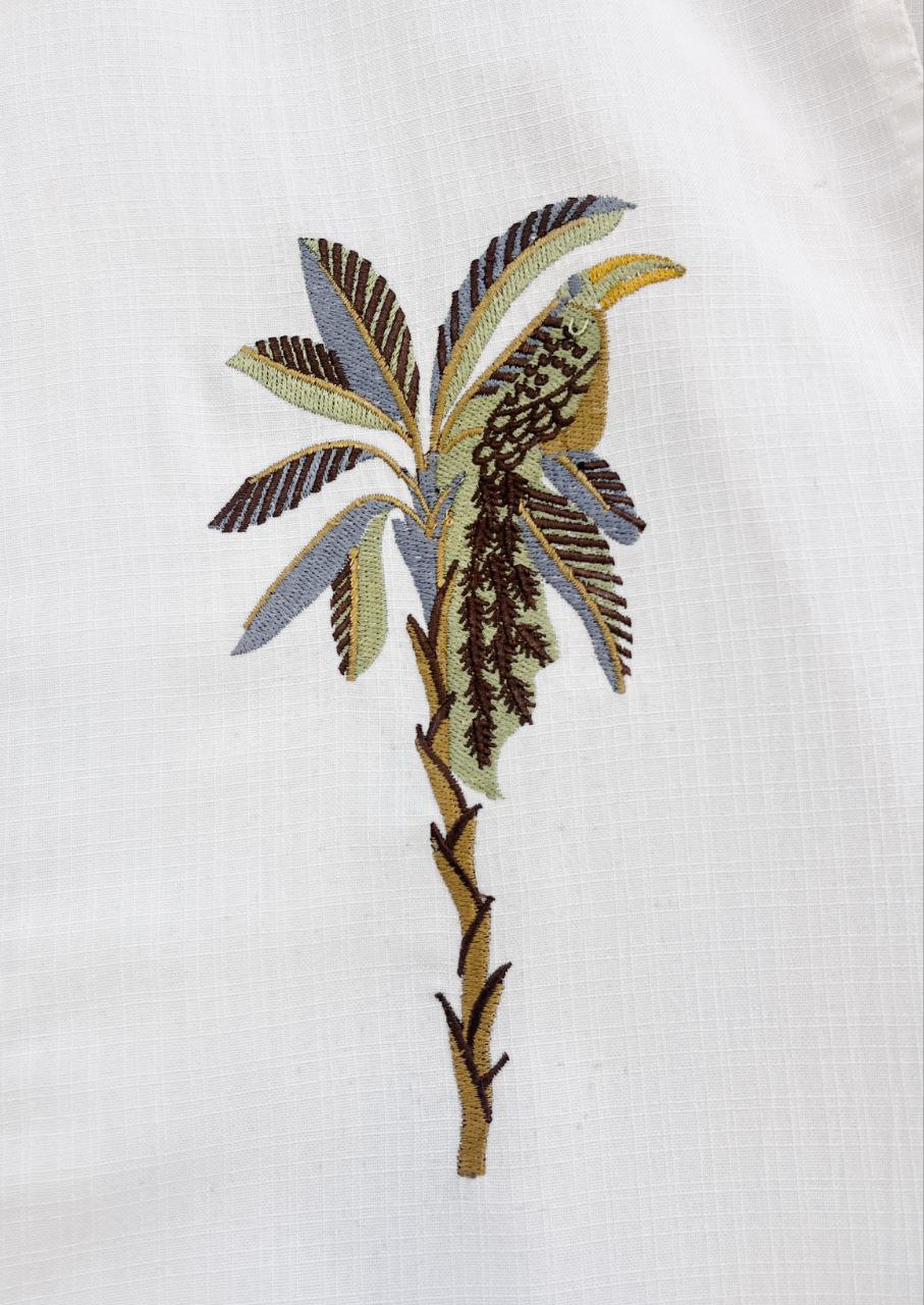 Men's White Cotton Linen Shirt with Palm Tree Embroidery