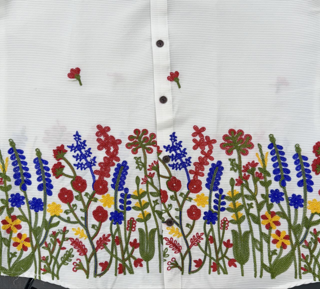 Embroidered Button Down Collar Casual Cotton Shirt