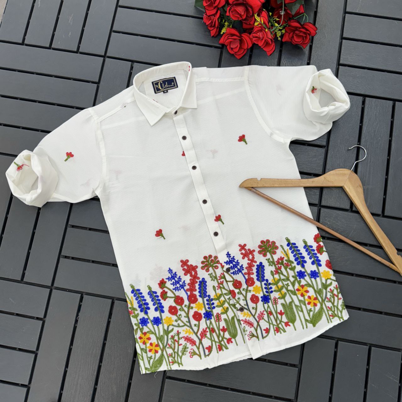 Embroidered Button Down Collar Casual Cotton Shirt