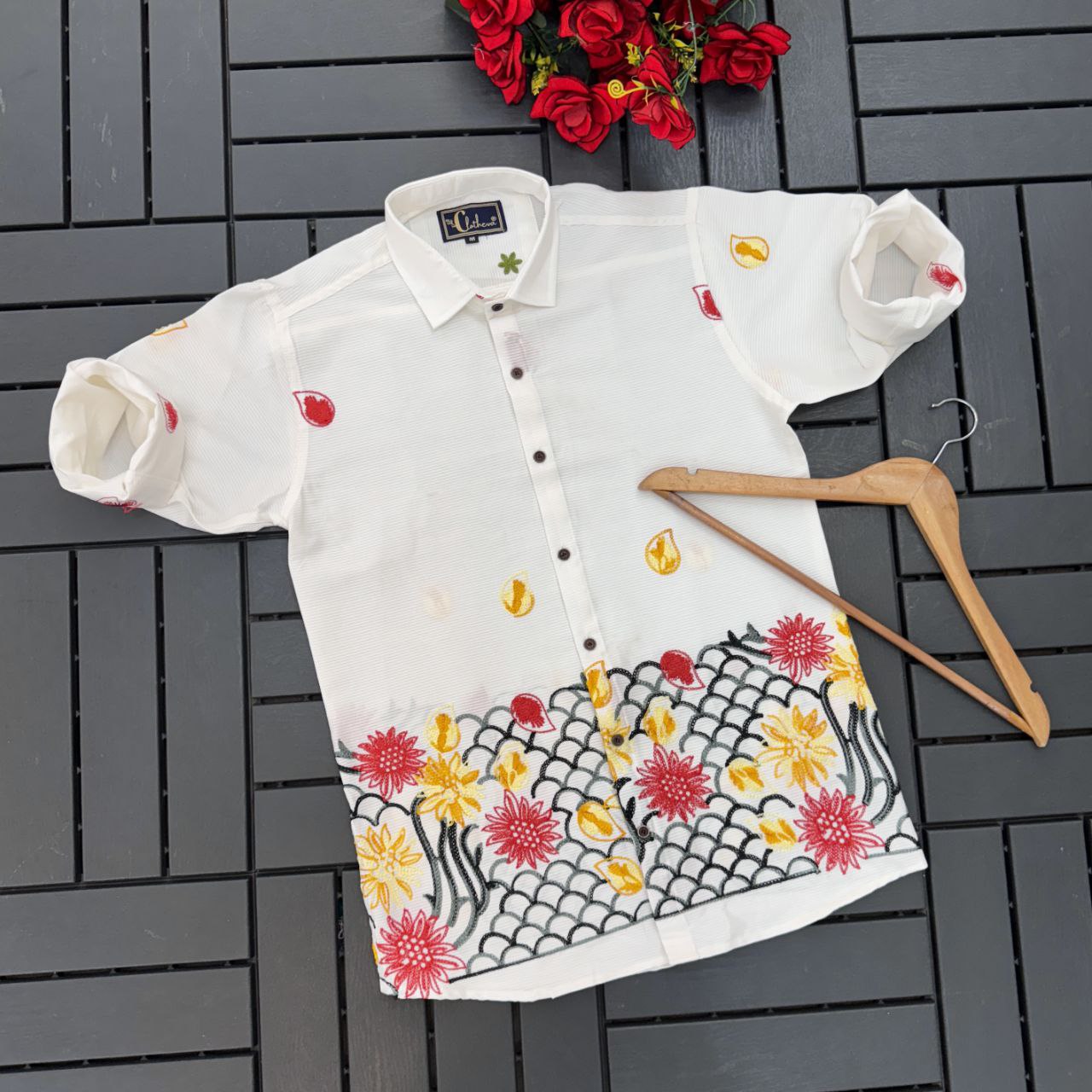 Men’s White Cotton Embroidered Shirt