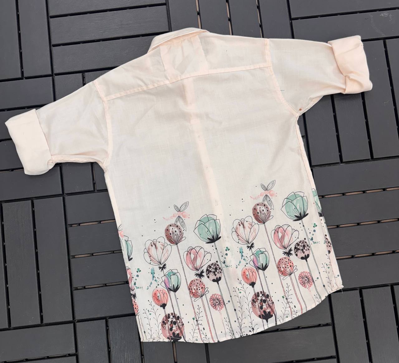 Men’s Elegant Cream Floral Art Print Cotton Lilen Shirt