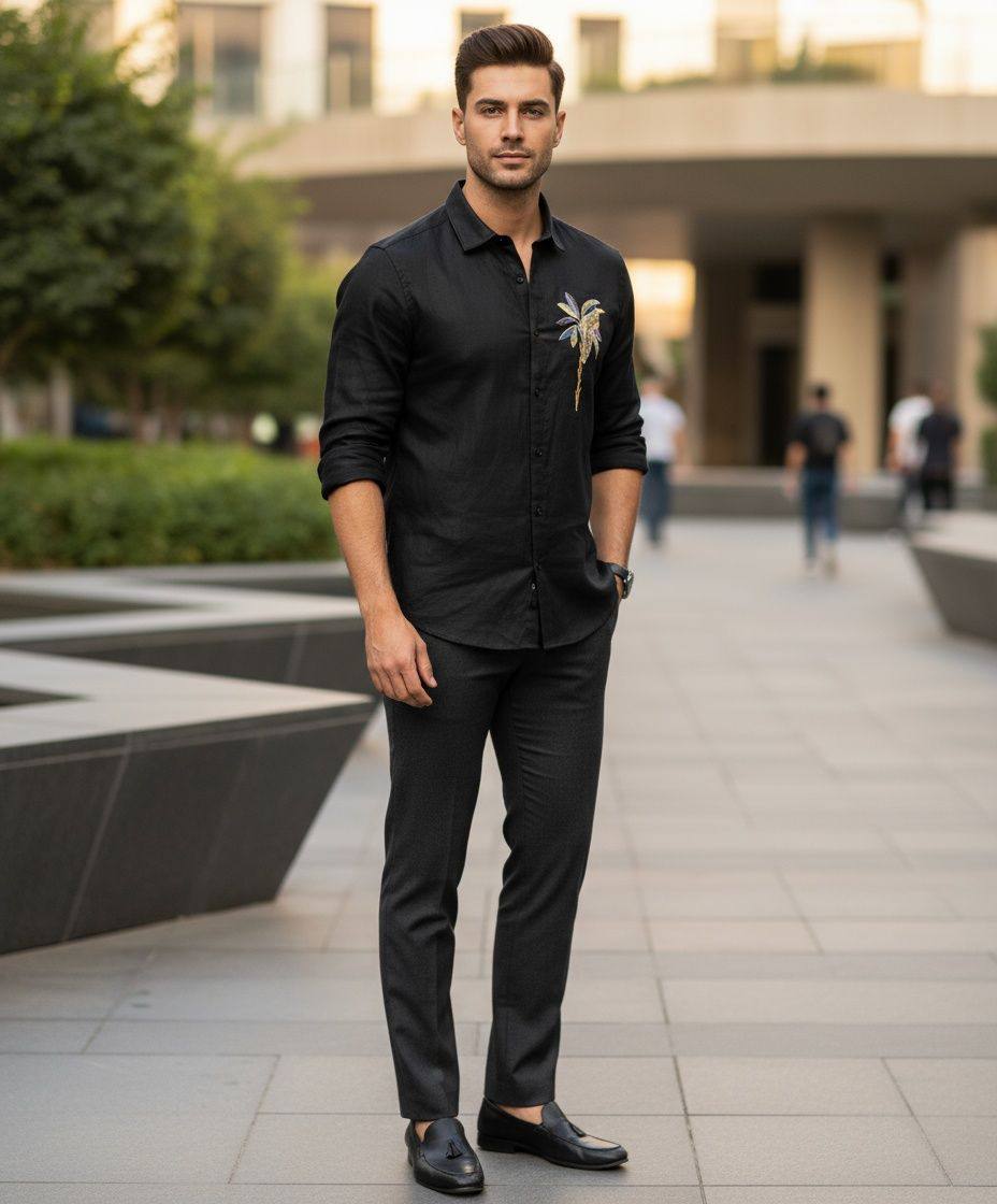 Men's Cotton Linen Shirt with Palm Tree Embroidery