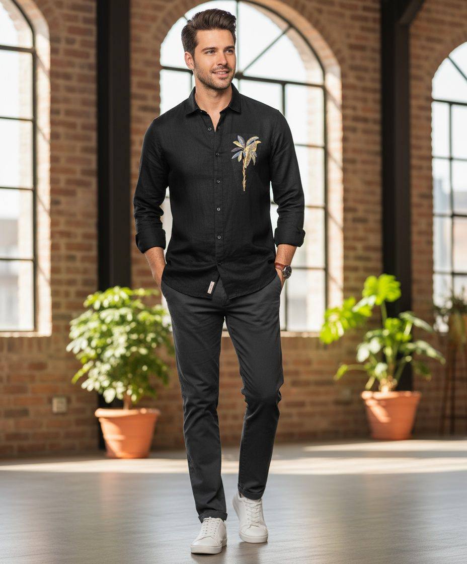 Men's Cotton Linen Shirt with Palm Tree Embroidery