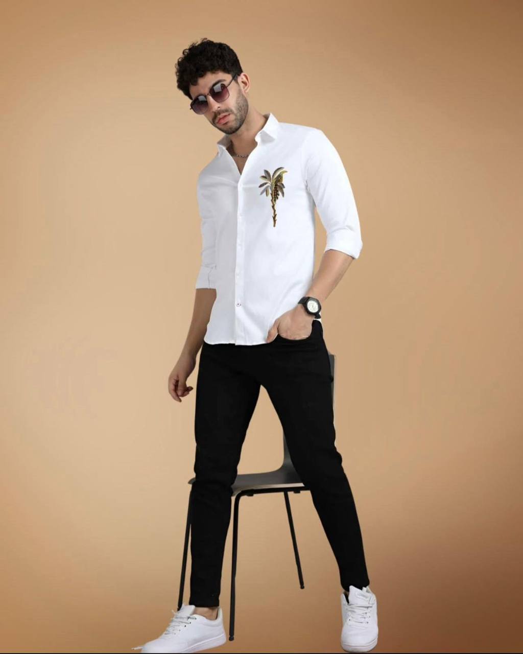Men's White Cotton Linen Shirt with Palm Tree Embroidery