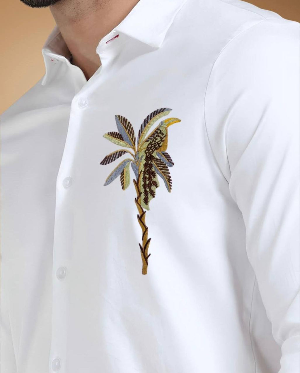 Men's White Cotton Linen Shirt with Palm Tree Embroidery