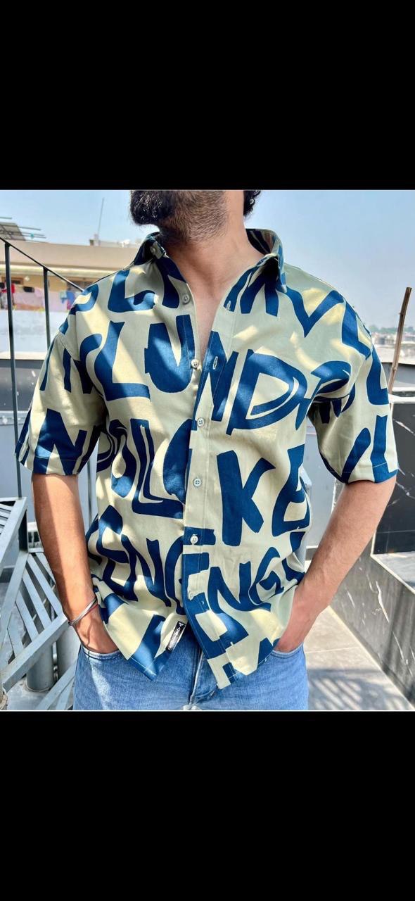 Printed Men's Shirt, Half Sleeves, Formal Wear Being Bold Blue Latter