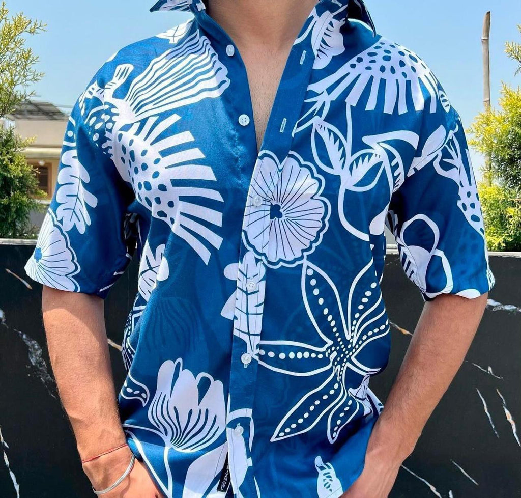 Blue Floral Men’s Short Sleeve Printed Cotton Shirt