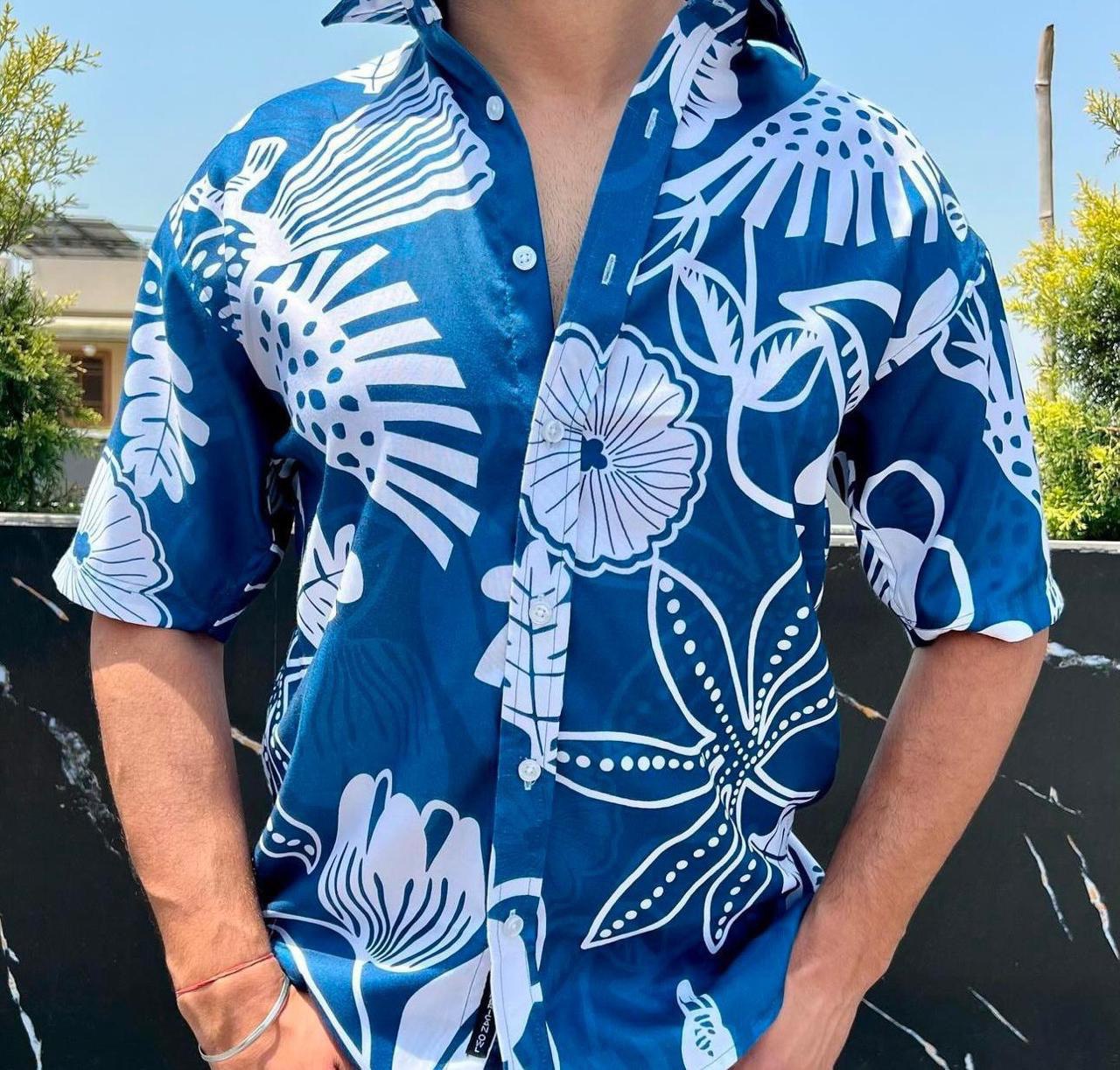 Blue Floral Men’s Short Sleeve Printed Cotton Shirt